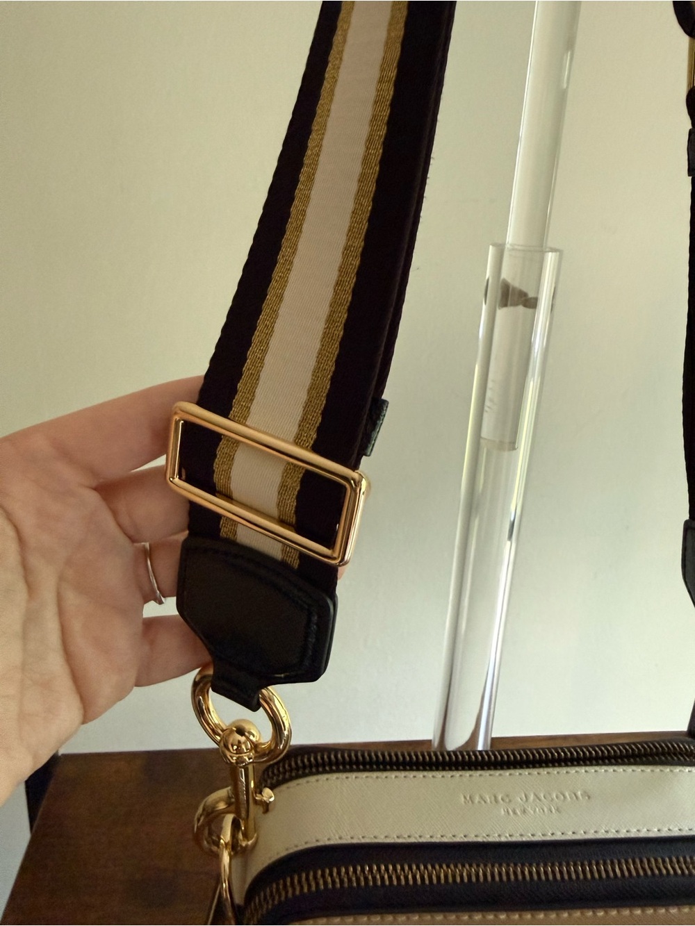 Marc Jacobs Beige/Tan Snapshot Crossbody with Striped Strap - Picture 7 of 9